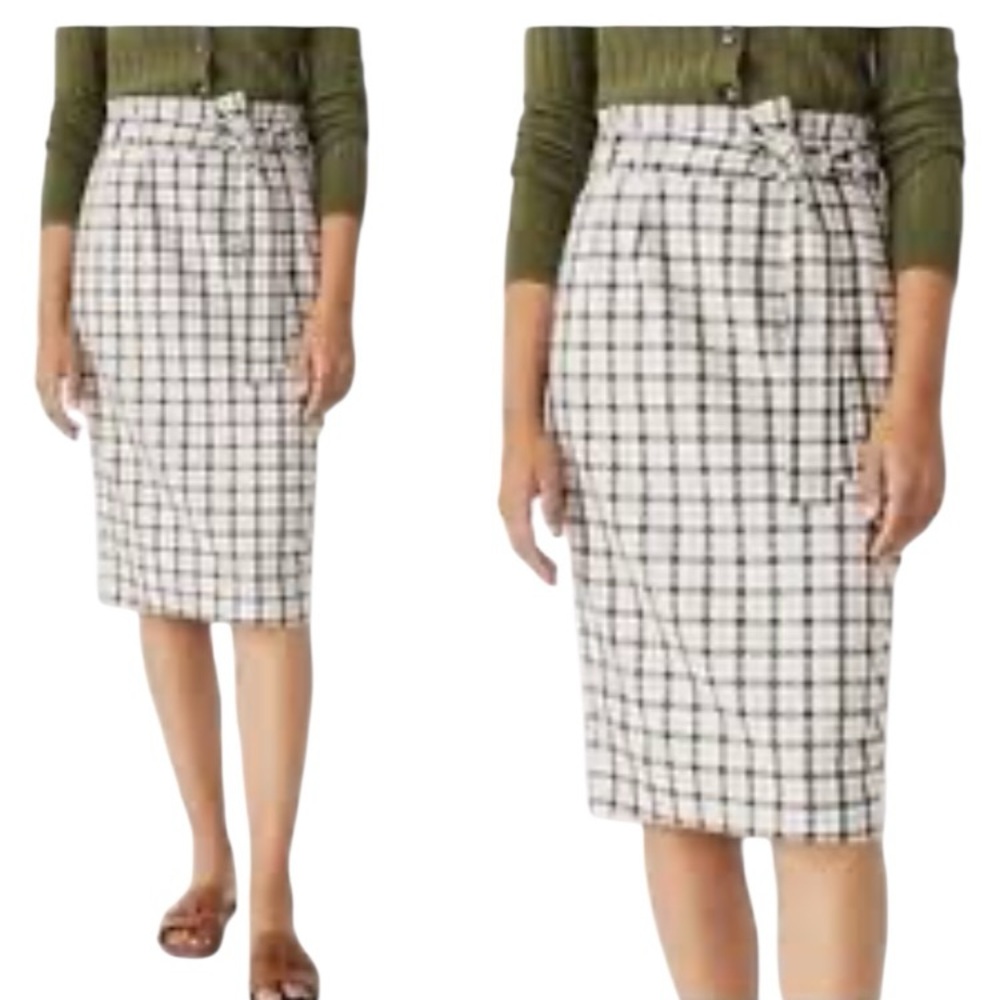 NWT Loft Cream Brown‎ Blue Plaid Ribbon Pencil Skirt Pleated Waist Tie Belt SZ 8